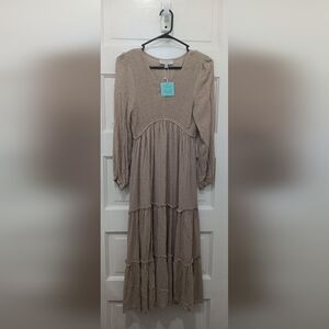 Hayden Los Angeles Taupe Swiss Dot V-Neck Midi Dress